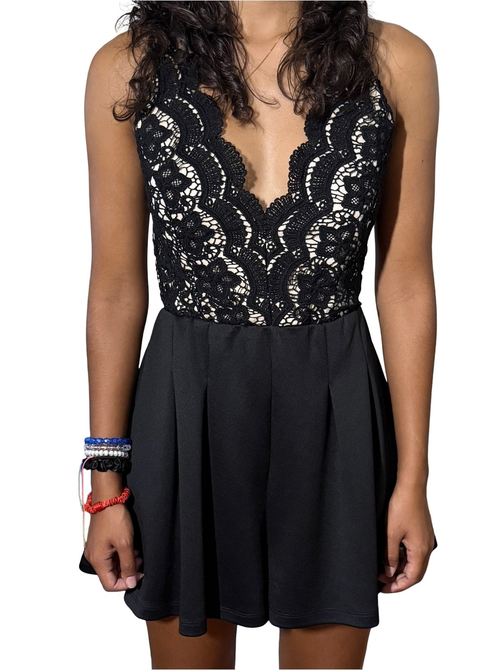 Lac Bleu Black Nude Floral Lace Deep V Romper